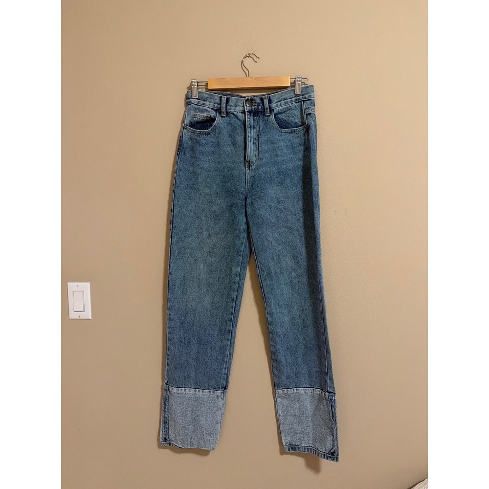 Nasty Gal Organic Blue Acid Wash High Waisted Cuffed Straight Leg Jeans Womens